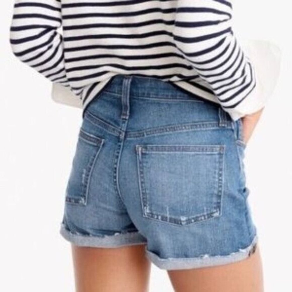 J. Crew Mid Rise Distressed Button Fly Cutoff Denim Shorts Blue C6214 Size 28
